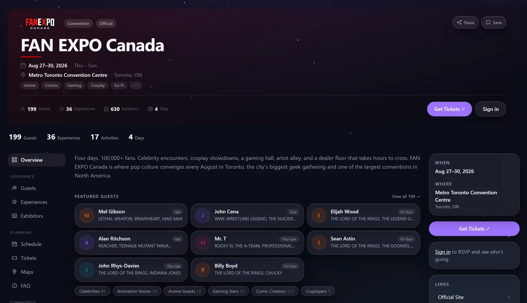 The FAN EXPO Canada 2026 official event page on Mythos: logo, Convention and Official labels, dates and venue, counts of 199 guests, 36 experiences and 630 exhibitors, and a grid of featured guests.