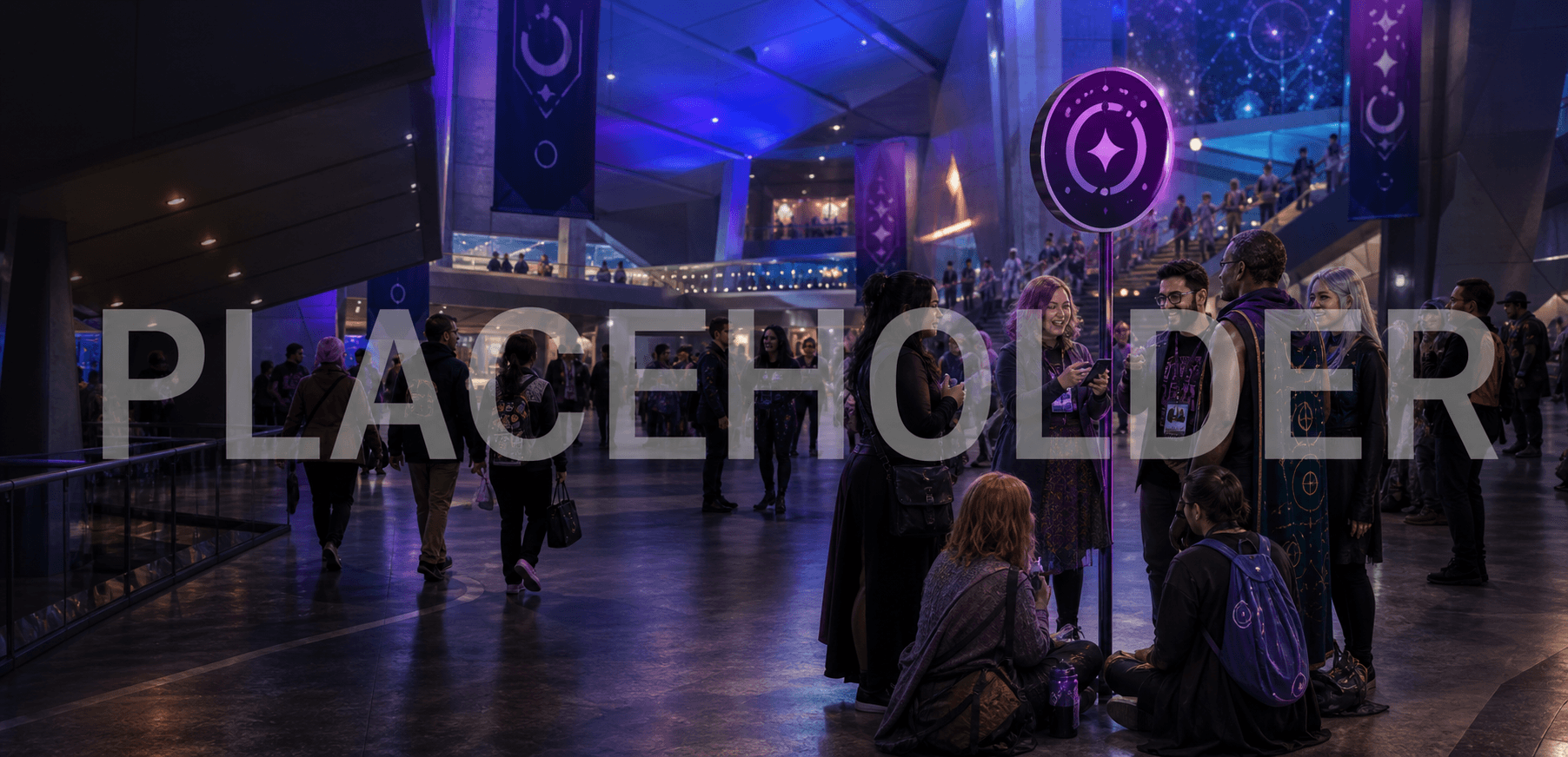 Fans gathered around a glowing Mythos meeting-point beacon in a convention hall